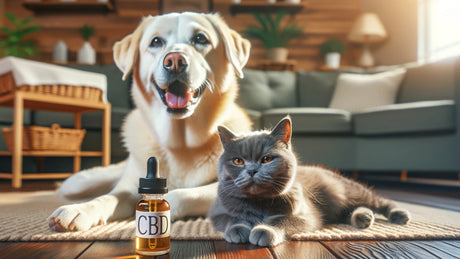 Glücklicher Hund und zufriedene Katze neben CBD Öl für Haustiere von Mellow Peaks Österreich
