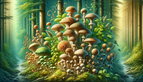Beruhigende Waldlandschaft mit heilenden medizinischen Pilzen, symbolisiert Gesundheit und natürliche Wellness