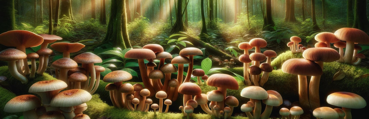 Verschiedene Arten von medizinischen Pilzen in einem üppigen Wald, symbolisch für natürliche Heilung und Gesundheit